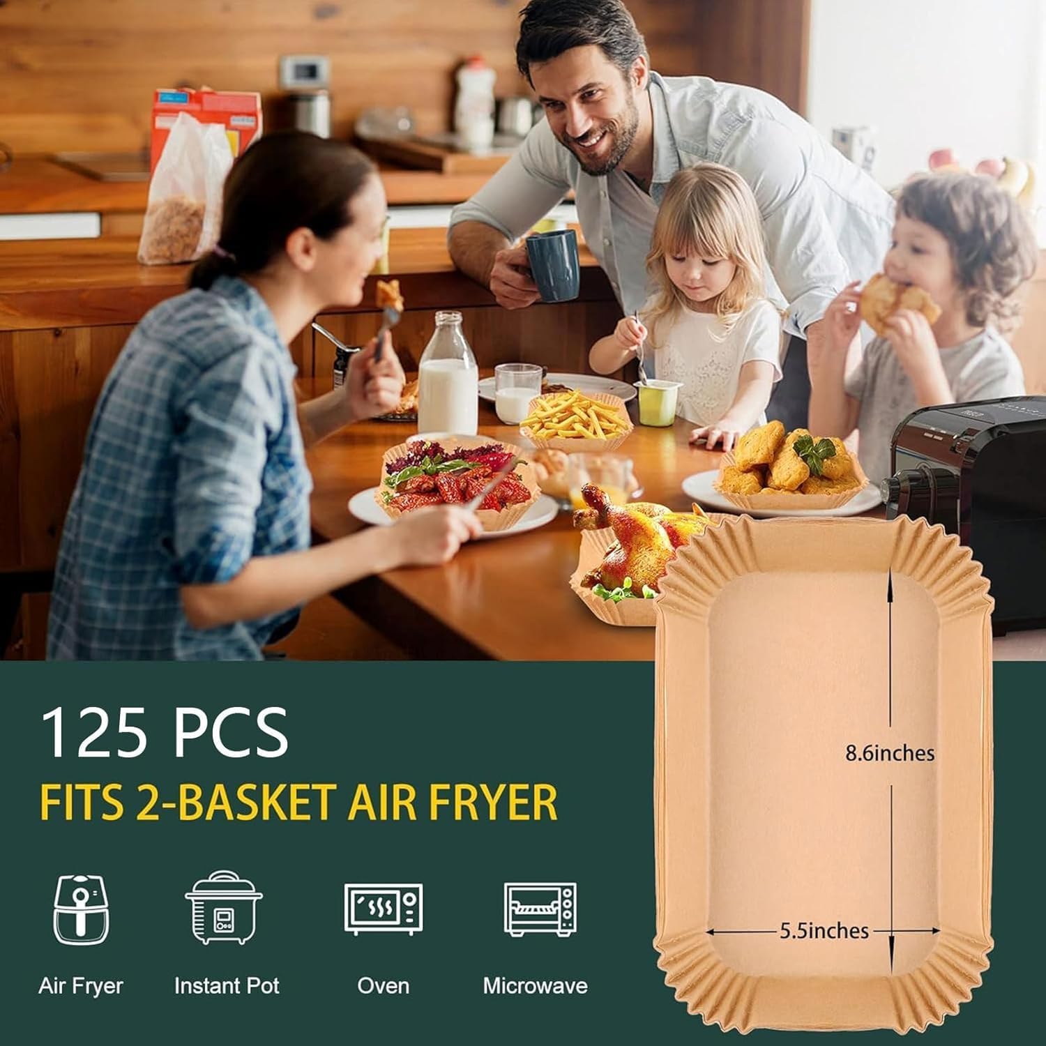 Ninja Air Fryer Disposable Paper Liners - Non-Stick Parchment Baking Sheets | 125PCS, 8.6in x 5.5in