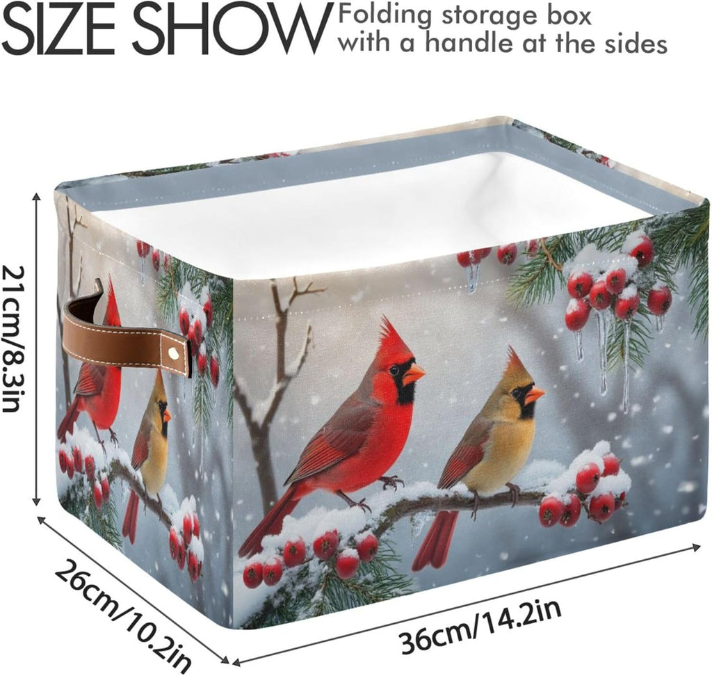Winter Cardinal Birds Fabric Laundry Basket - Christmas Storage Organizer for Toys, Books & More | 16x12x8