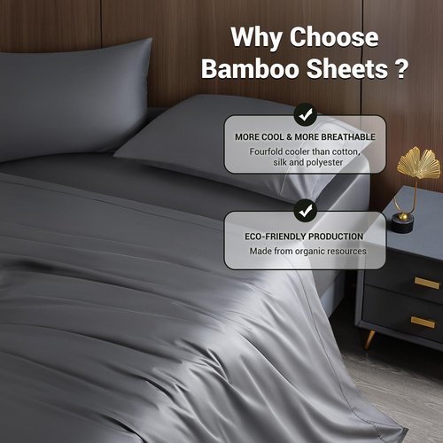 Shilucheng Queen Sheet Sets, Blend Rayon Derived from Bamboo, Breathable & Cooling Bed Sheets 4 Piece, Deep Pocket Up to 16", Hotel Silky Bedding for Hot Sleepers, Dark Grey