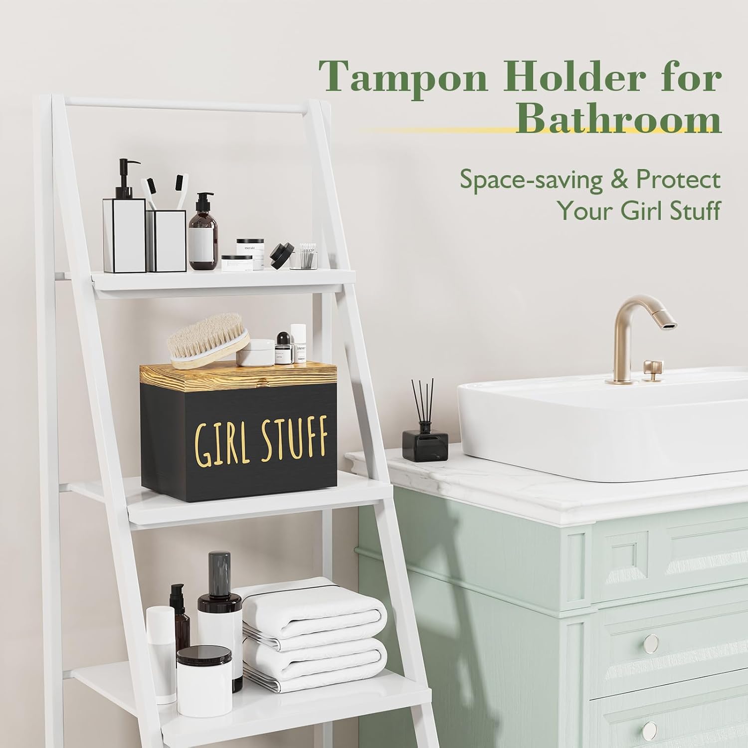 Skiennix Tampon Holder - Stylish Bathroom Organizer with Hinged Lid | Black Feminine Storage Box