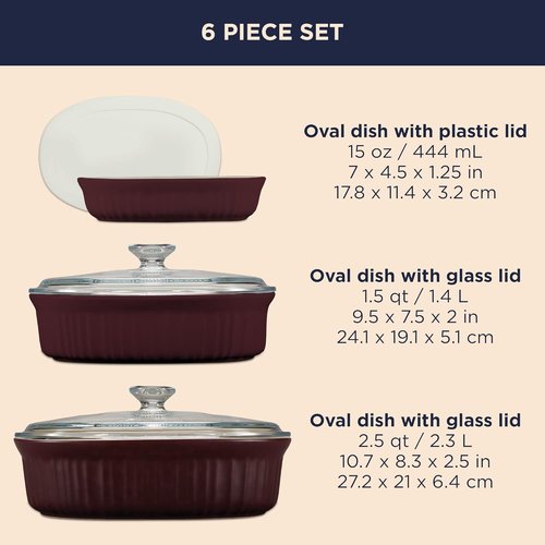 CorningWare 6-Piece Ceramic Bakeware Set - Chip & Crack Resistant Stoneware | Microwave, Oven & Dishwasher Safe in French Cabernet