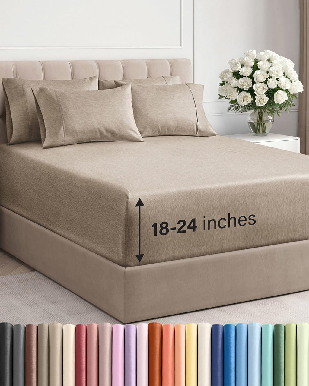 Skiennix Extra Deep Queen Sheet Set - 6 Piece Breathable Cooling Bedding - Soft Wrinkle-Free Heathered Beige