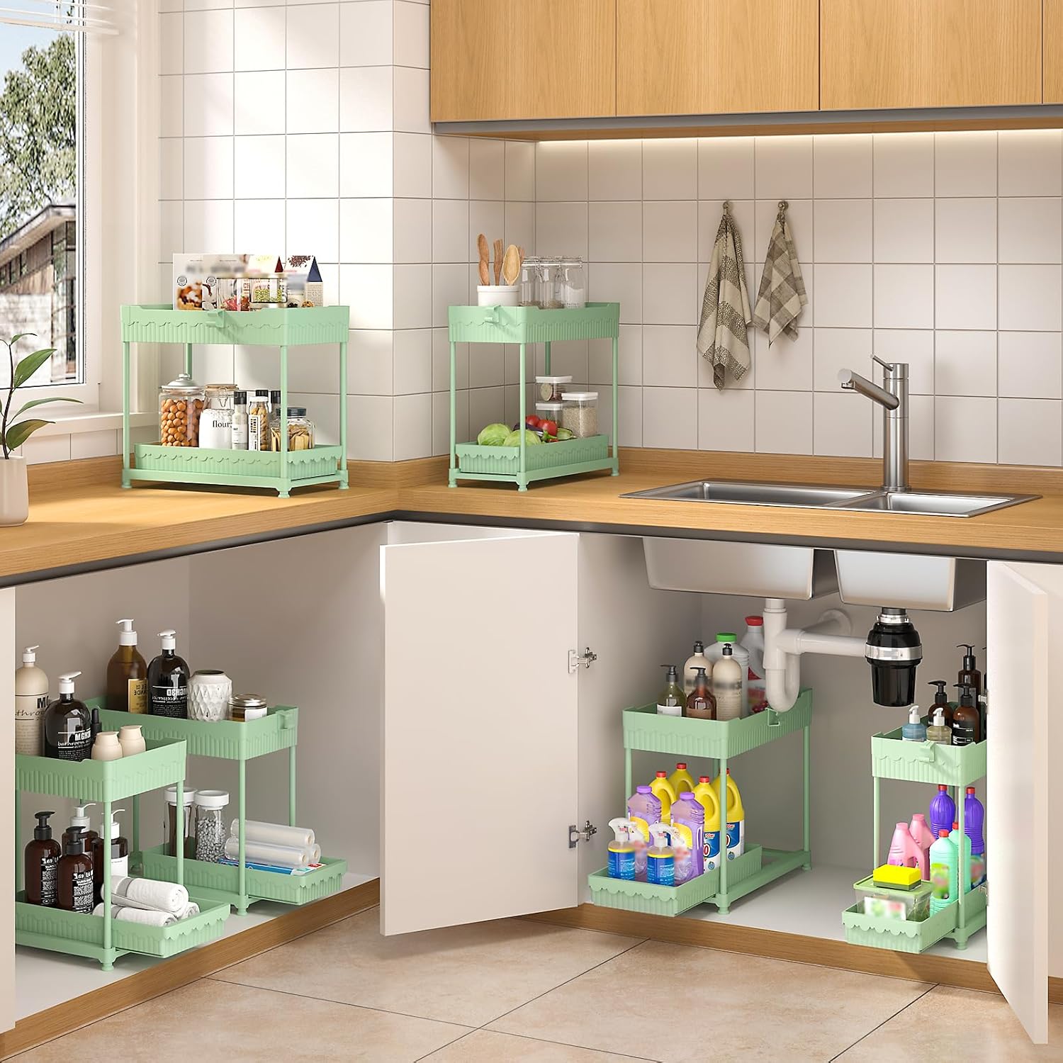 Sevenblue Under Sink Organizers - 2-Tier Kitchen & Bathroom Storage with Sliding Drawers | Green, 14.8 Inch