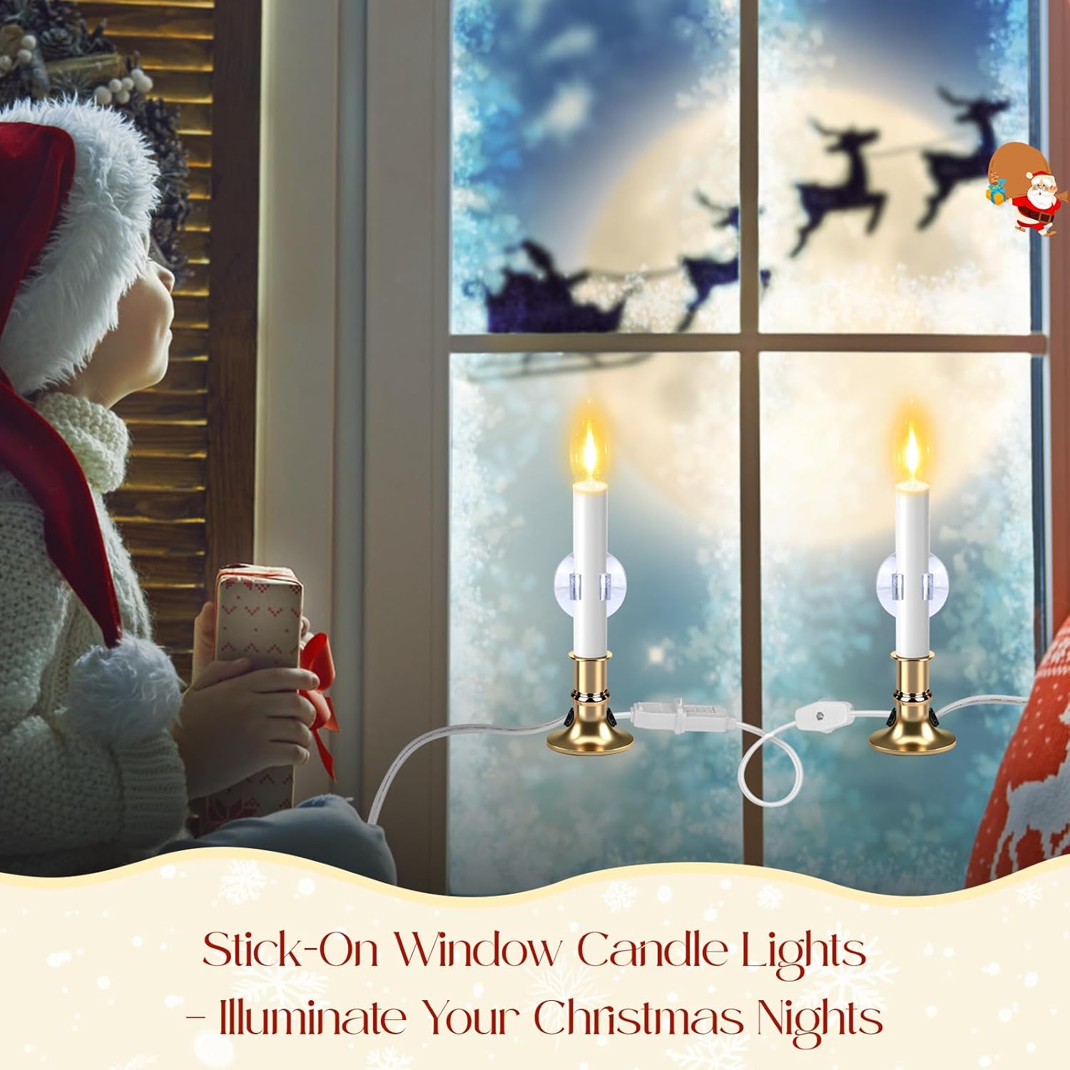 Skiennix Christmas Electric Window Candle Lights - 2 Pack with Gold Base & 6FT Cord | Clear Bulb & Suction Cups