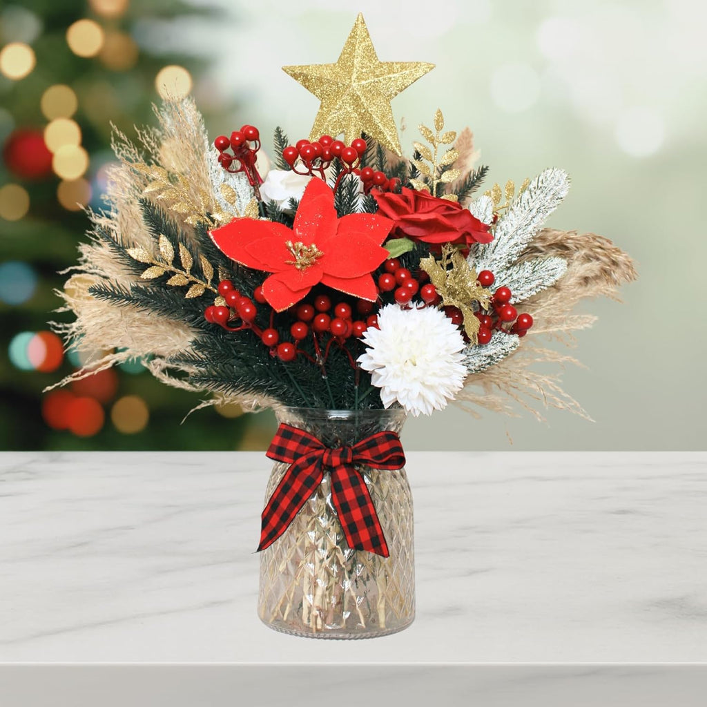 RyddeligHome Christmas Centerpieces - 100pcs Holiday Floral Arrangements in Vase | Red Poinsettia & Pine
