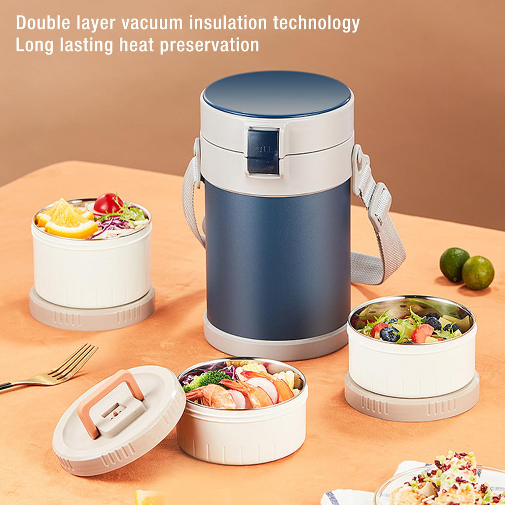 Pssopp Insulated Food Jar 3 Tier Compact Design Microwave Stainless Steel Thermal Lunch Box for Hot Food Soup and More (Blue)