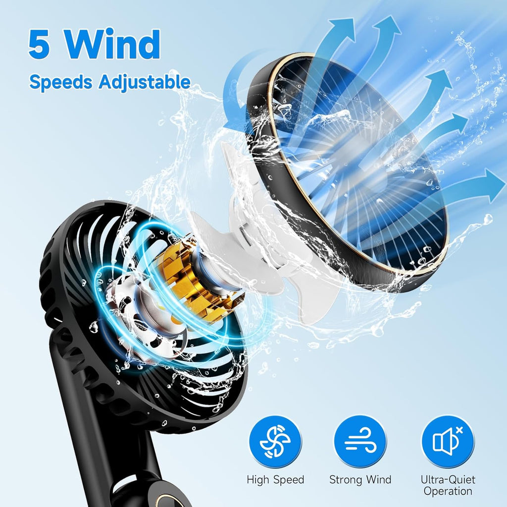 Skiennix Portable Handheld Fan - USB Rechargeable Mini Fan with 5 Speeds & LED Display | 180° Foldable, Black