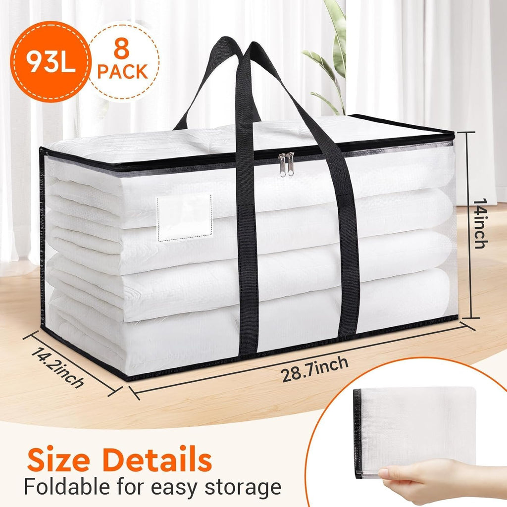 BlissTotes Moving Bags - Heavy Duty Extra Large 93L Storage Totes with Zipper & Reinforced Handles | 8-Pack