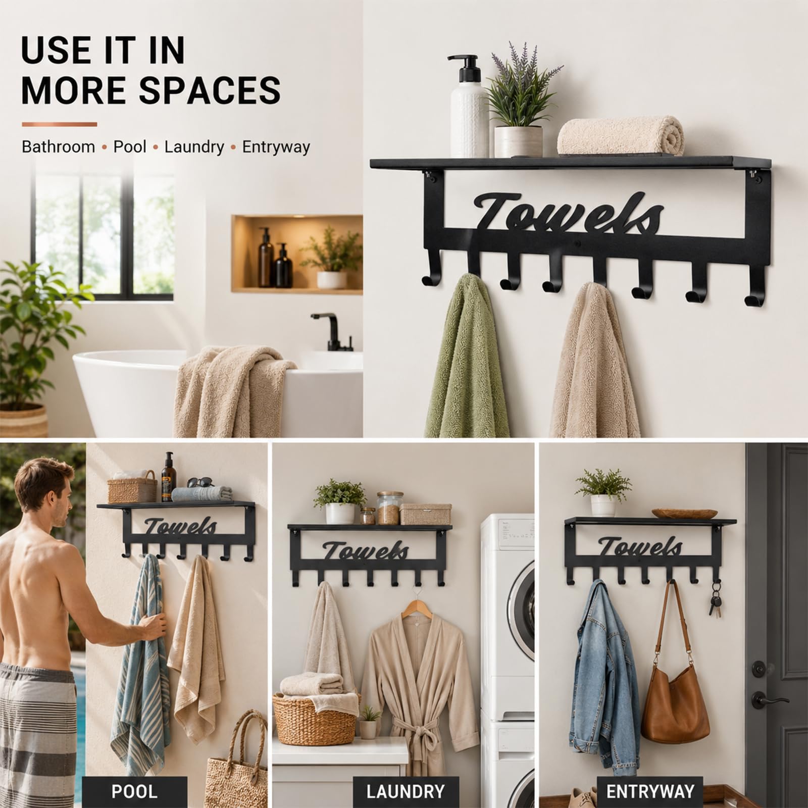 Towel Rack with Shelf for Bathroom - Metal Towels Rack Hanger, Space Saving Towel Holder Rack, Wall Mounted, 8 Hooks, Towel Organizer for Coat Robe Bathrobe in Home Pool Bedroom Beach Living Room