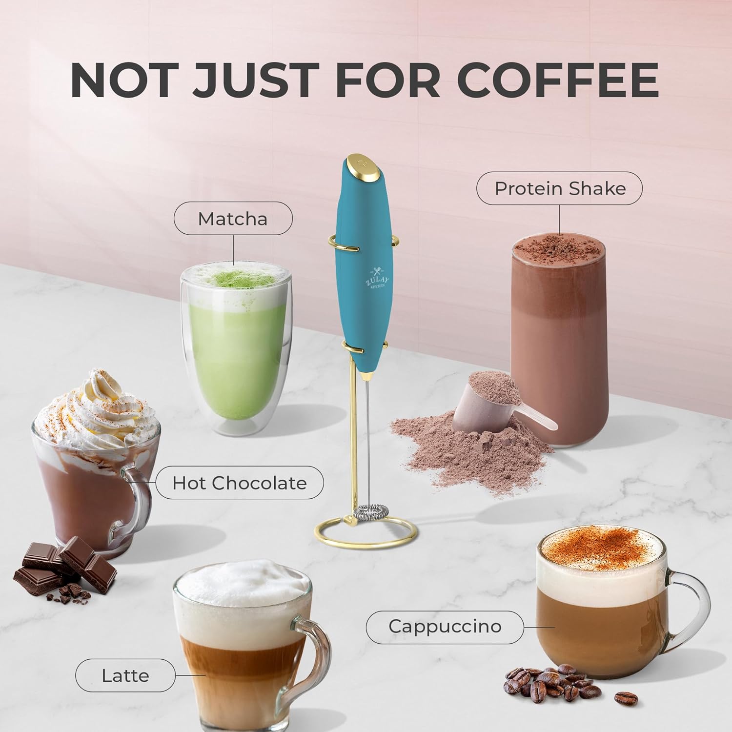 Zulay Kitchen Milk Frother Wand - Ultra-Fast Electric Whisk for Coffee, Lattes & Cappuccino - Lake Gold