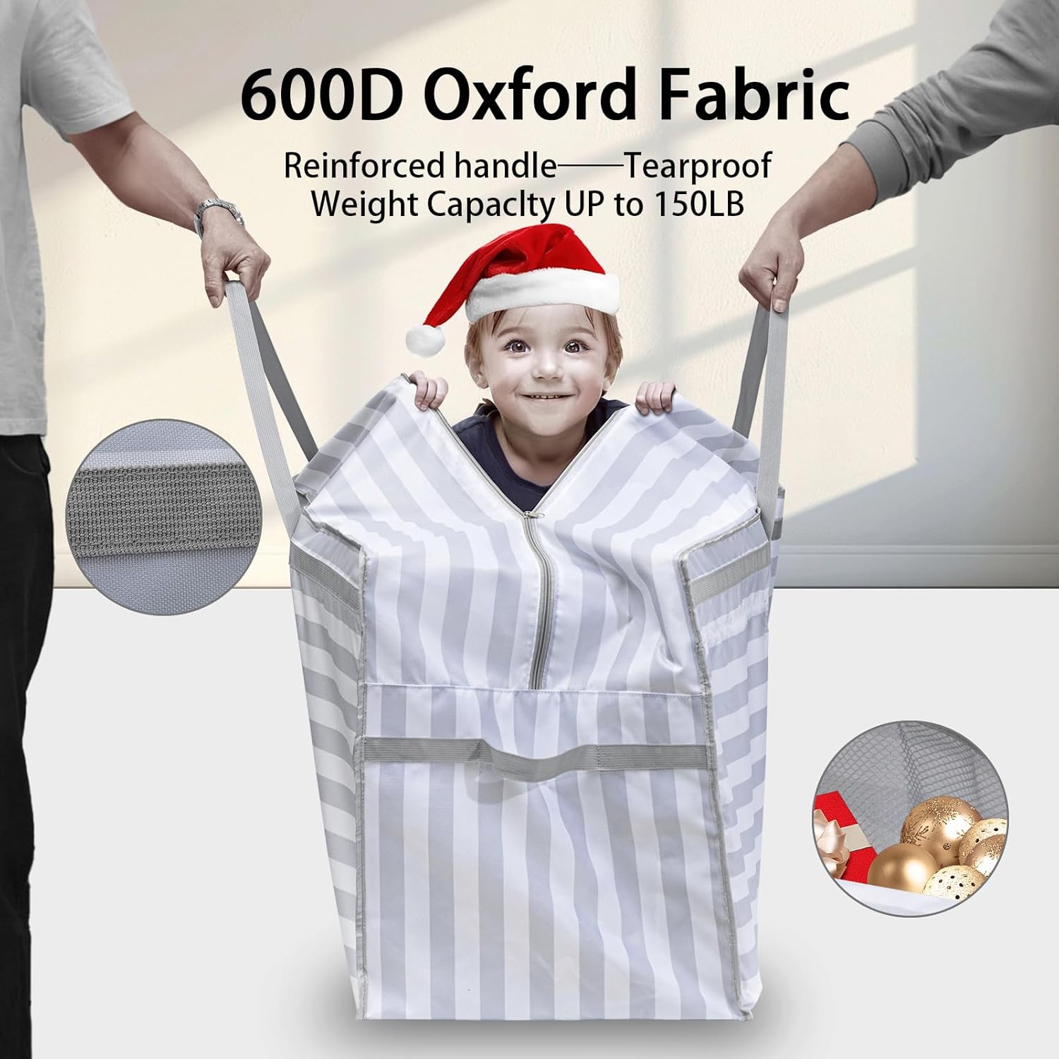 Skiennix Christmas Tree Storage Bag - Heavy Duty 600D Oxford Cloth with Double Mesh Pockets | 9 ft, Gray-White Stripes