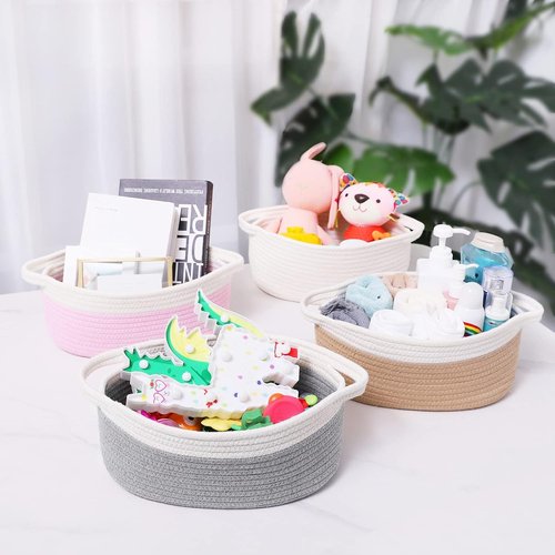 ABenkle Decorative Rope Woven Storage Basket - Small Toy Organizer with Handles | 12"x8"x5", White