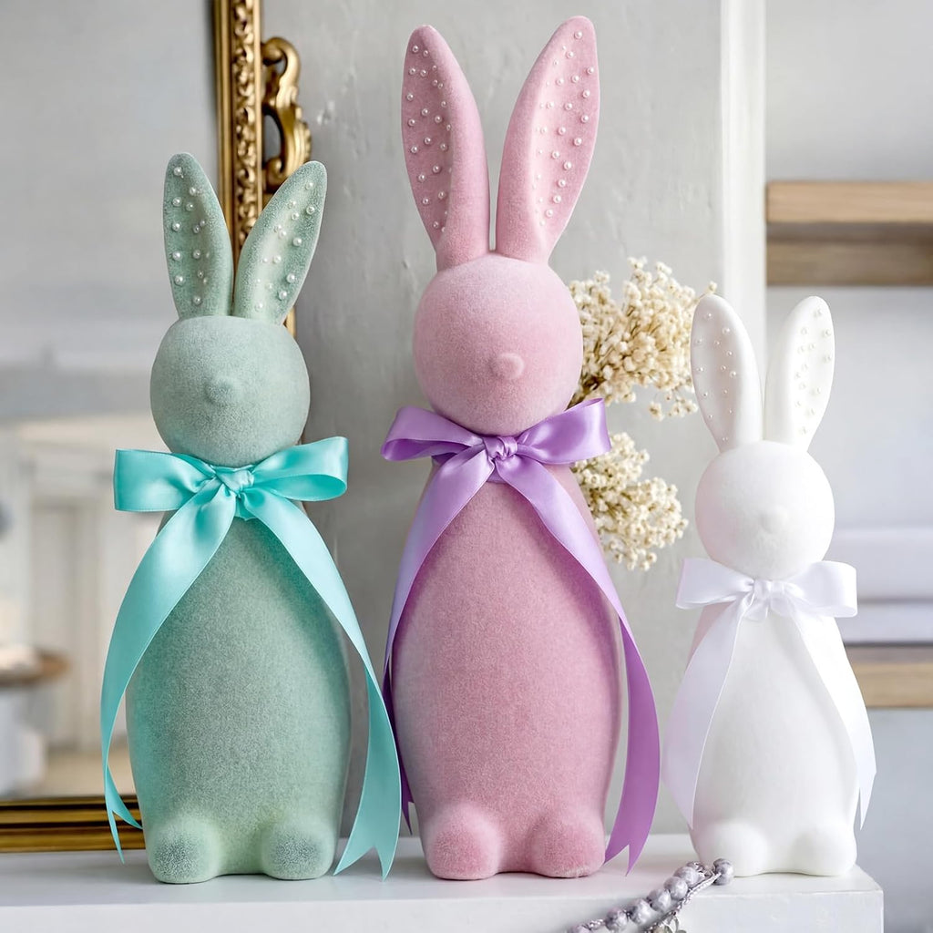 Wesiti Flocked Bunny Easter Decorations - 3 Pack Pastel Bow Table Centerpieces (8", 10", 12")