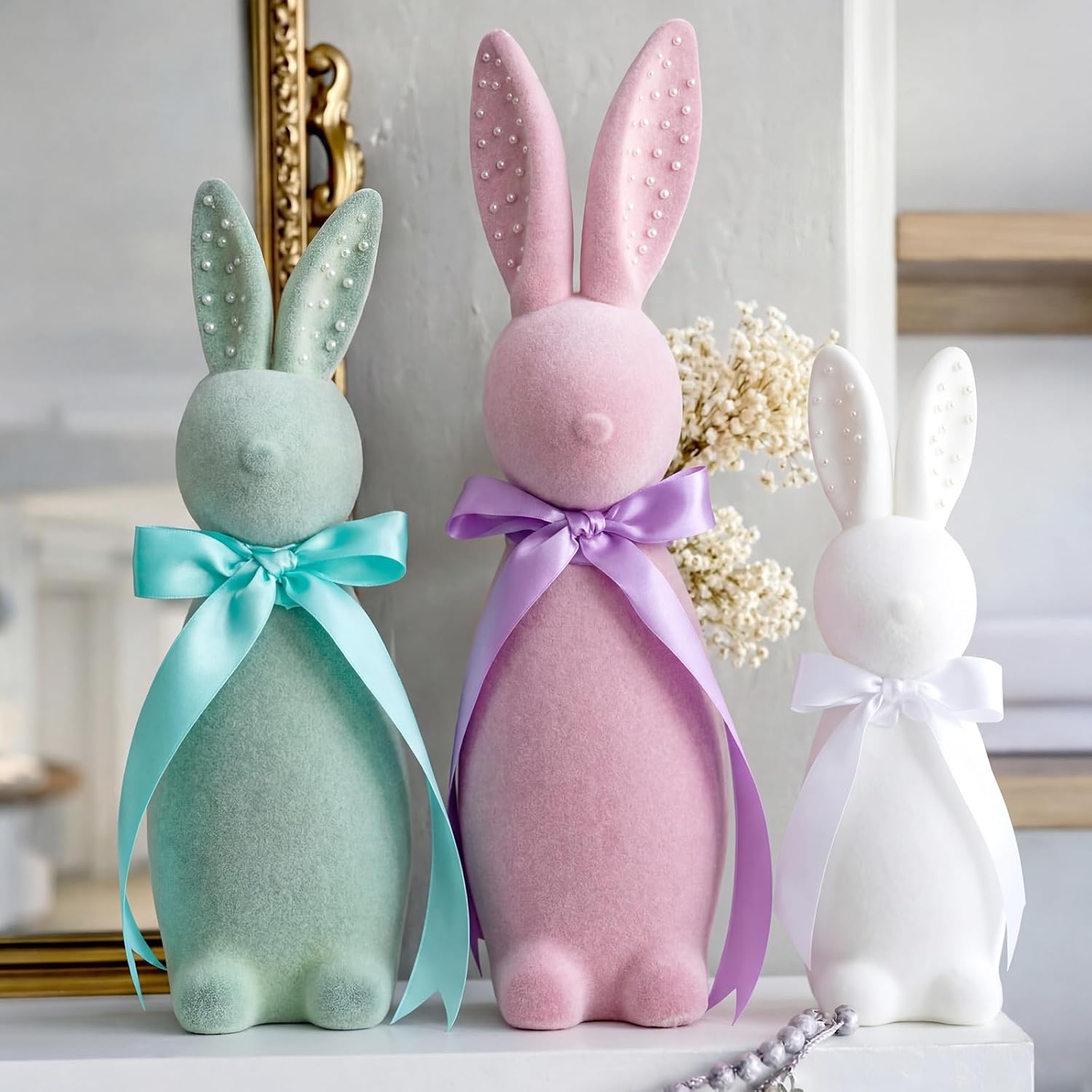 Wesiti Flocked Bunny Easter Decorations - 3 Pack Pastel Bow Table Centerpieces (8", 10", 12")