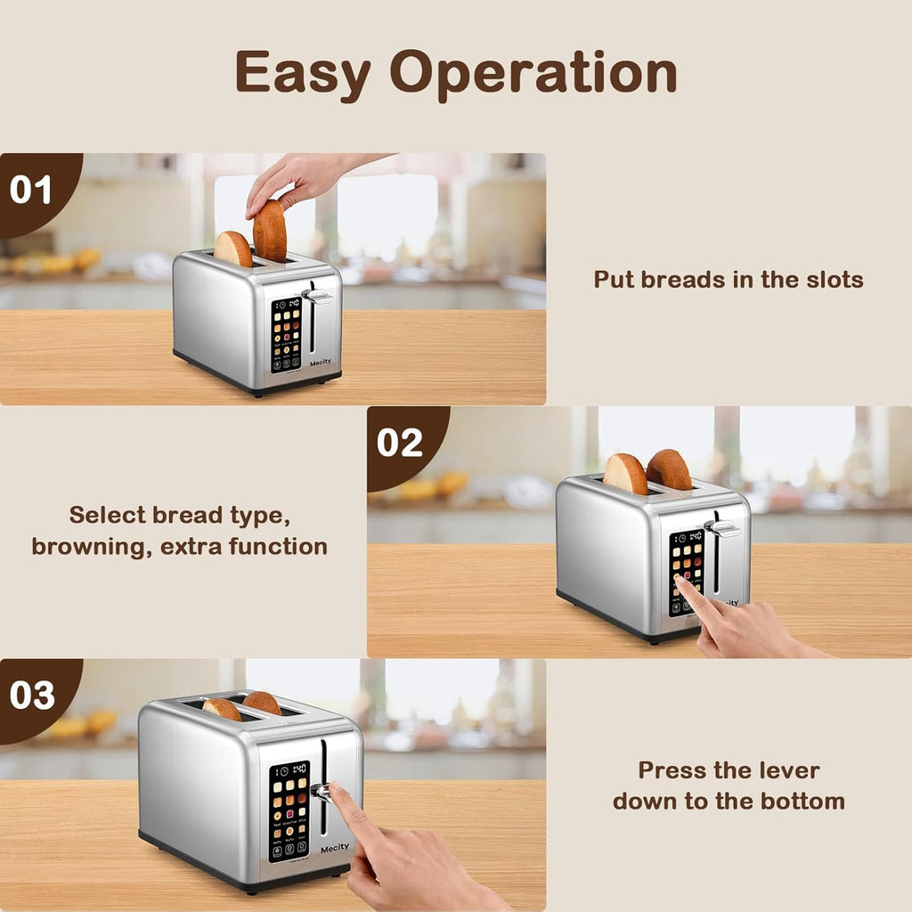 Mecity Stainless Steel 2-Slice Toaster - Touch Screen, 1.5" Wide Slot, Timer & Defrost Functions