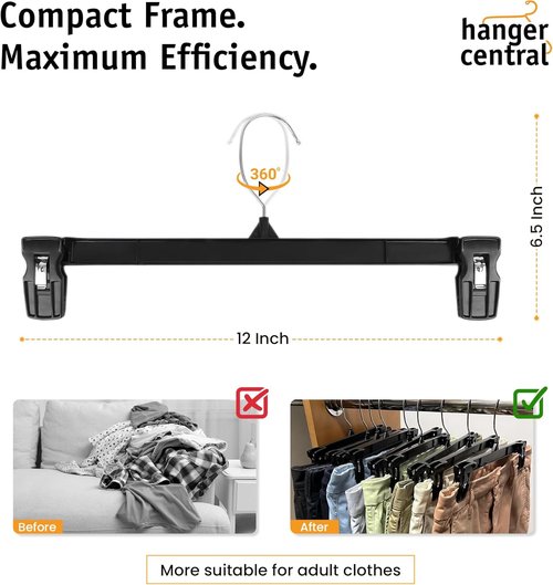 Hanger Central 12 Inch Slim Plastic Pants Hangers - Heavy Duty Non-Slip Clips for Skirts & Shorts - Black