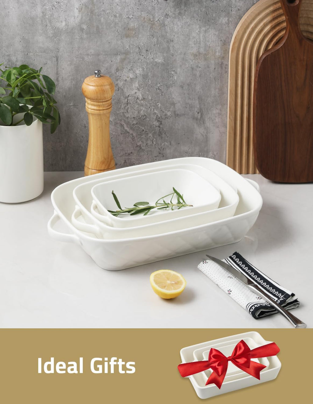 Sweejar Casserole Dishes - Set of 3 Ceramic Bakeware for Oven Cooking | Rectangular 12.2x9.2x2.5 Inches (White)