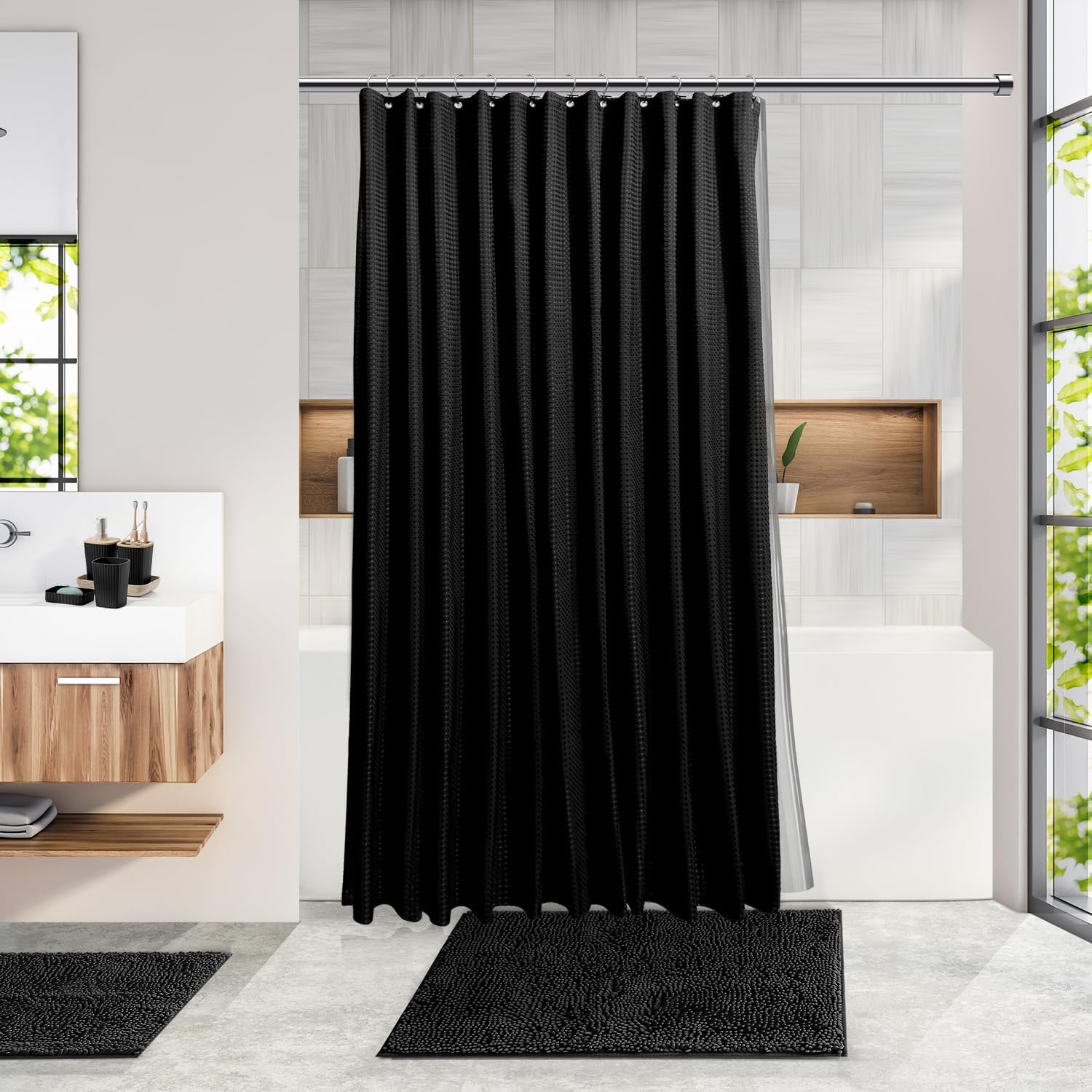 Clara Clark Bathroom Accessories Set - 20-Piece Black Bathroom Set with Shower Curtain, Soap Dispenser & More