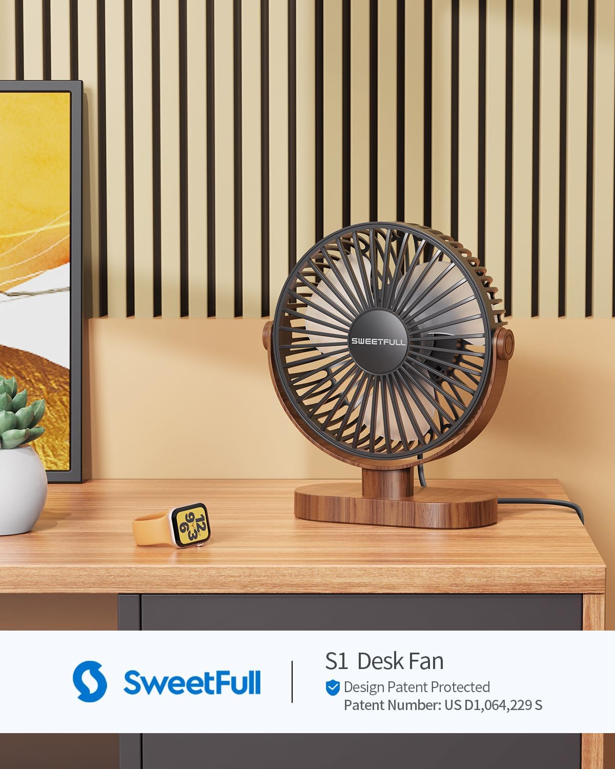 Sweetfull 6.5 Inch USB Desk Fan - Quiet Portable Mini Fan with 3 Speeds & 360° Adjustment | Black Wood Grain