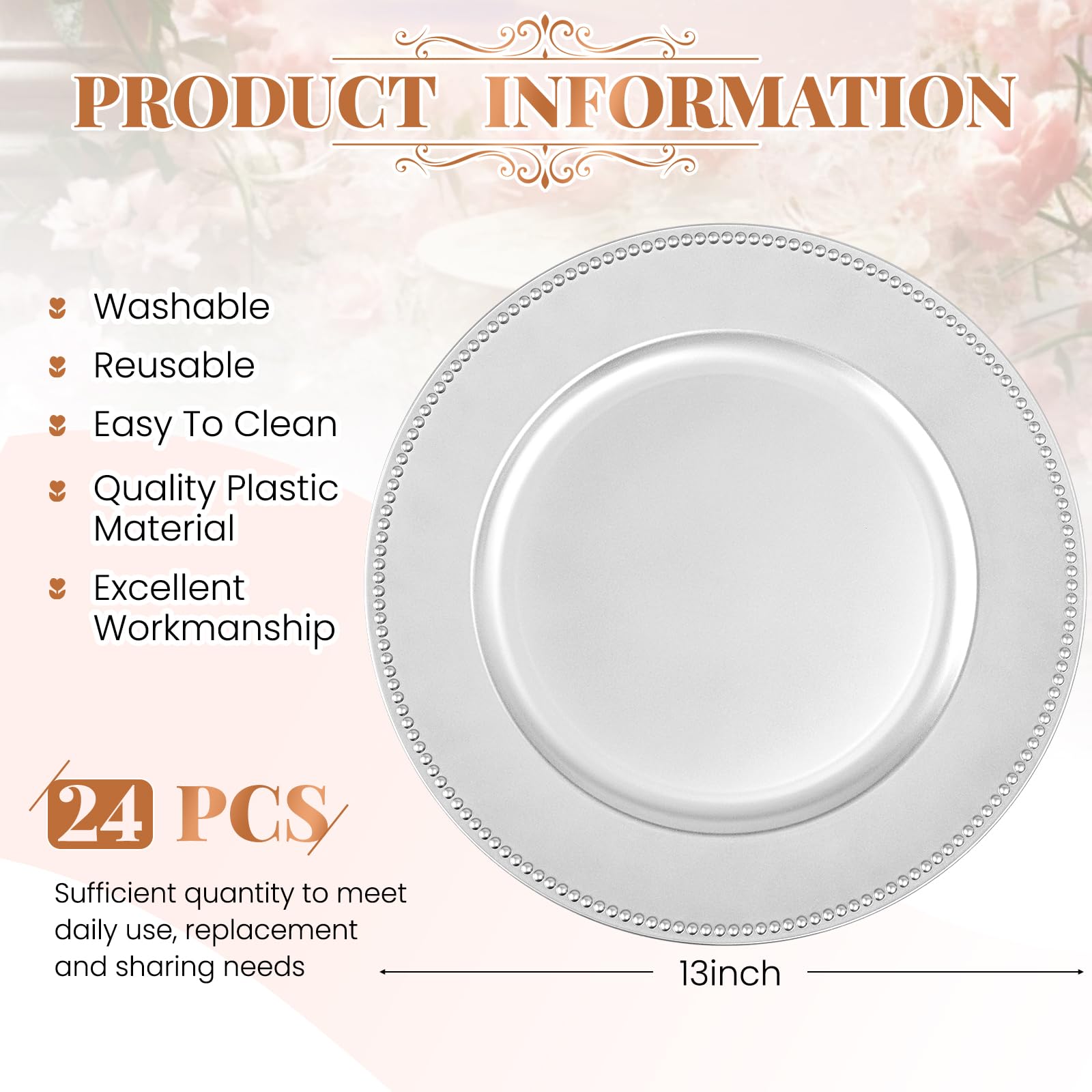 24 Pcs Silver Charger Plates Bulk,13" Round Beaded Plate Chargers for Dinner Plates, Decorative Dinner Charger Plastic Table Chargers for Wedding Holiday Party Baby Shower Event Decoration (Silver)