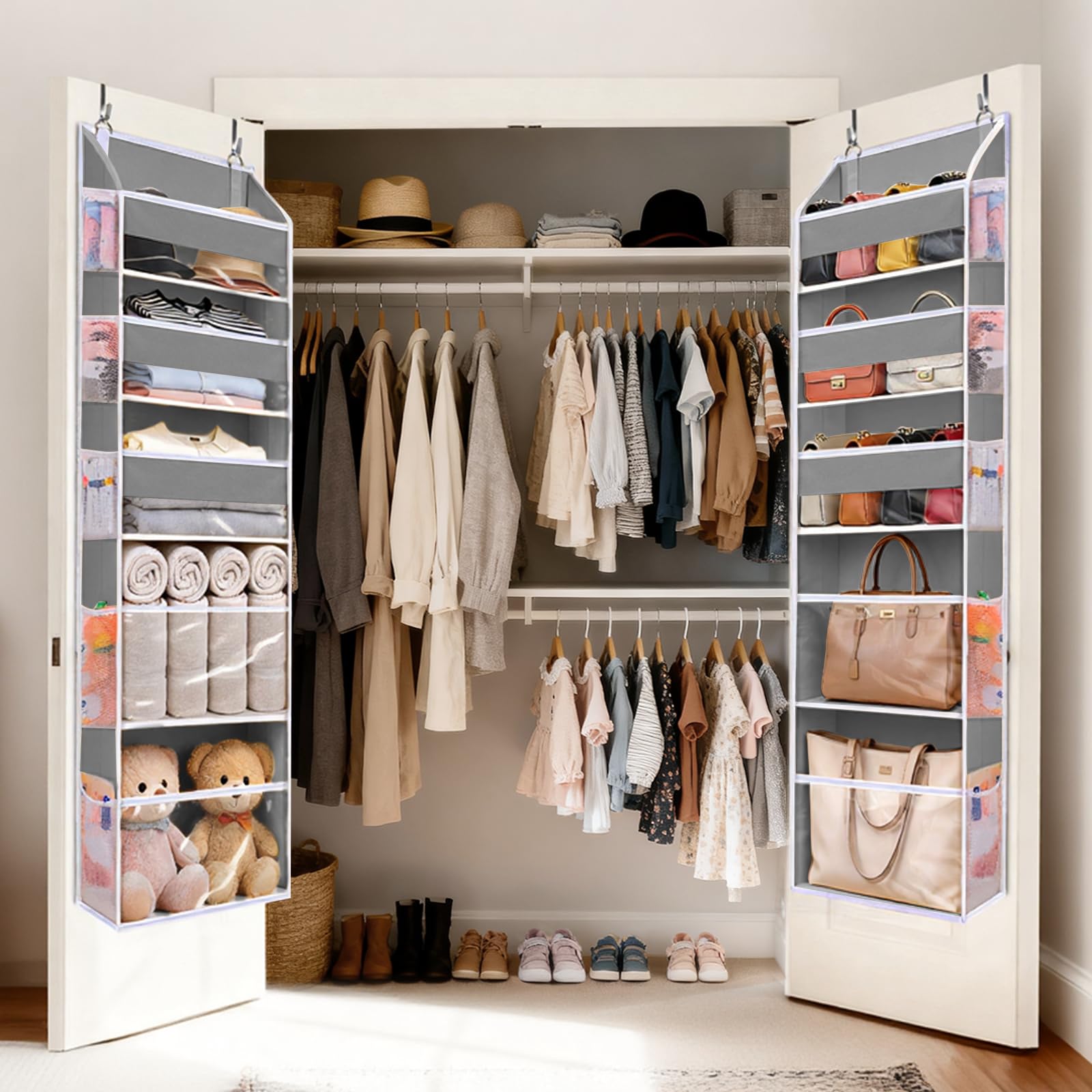 Ordovibe 5 Tiers Over Door Organizer with 10 Mesh Side Pockets, 44 lbs Weight Capacity Hanging Storage Organizer with Clear Window Kids Toys, Shoes, Diapers, Dark Gray