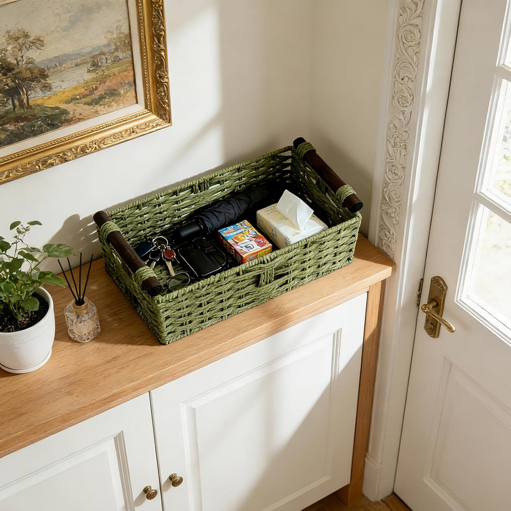 Skiennix Green Toilet Basket - Stylish Bathroom Organizer & Storage | 2-Piece Paper Rope Wicker Holder