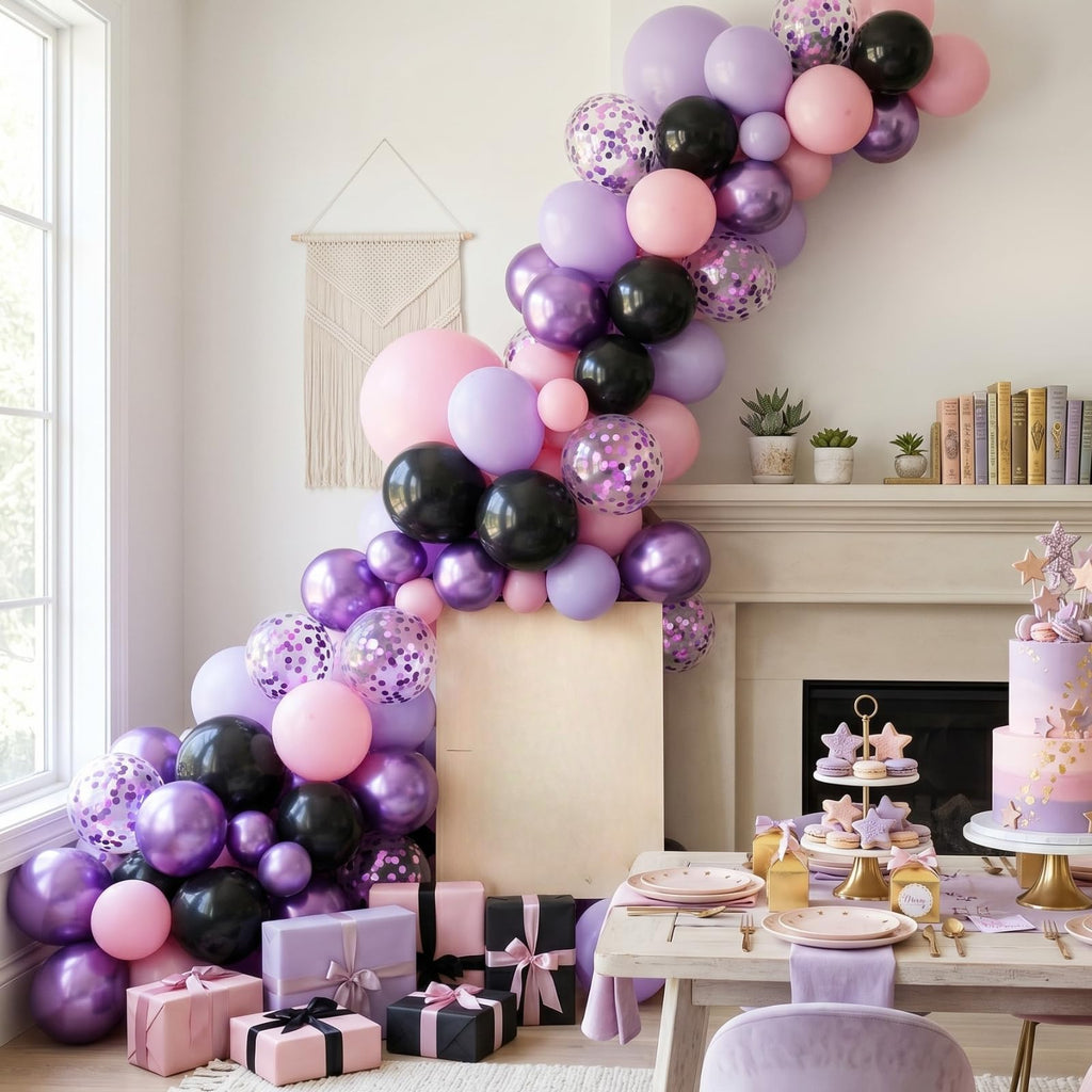 Purple Pink Black Balloons, 12 Inch Pink Black Macaron Dark Metallic Purple Confetti Balloons for Girls Women Wedding Bridal Shower Baby Shower Birthday Party Decorations