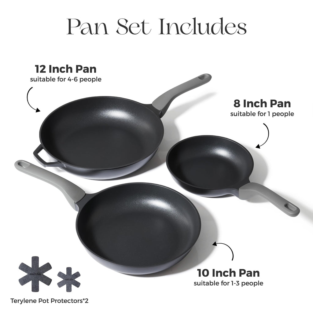 PRICUSIS 5Pcs Nonstick Frying Pan Set, 8+10+12 Inch Induction Compatible Skillet with Stay Cool Handle, Fully Coated, 100% Dishwasher Safe, PFOA Free (Black Sesame)