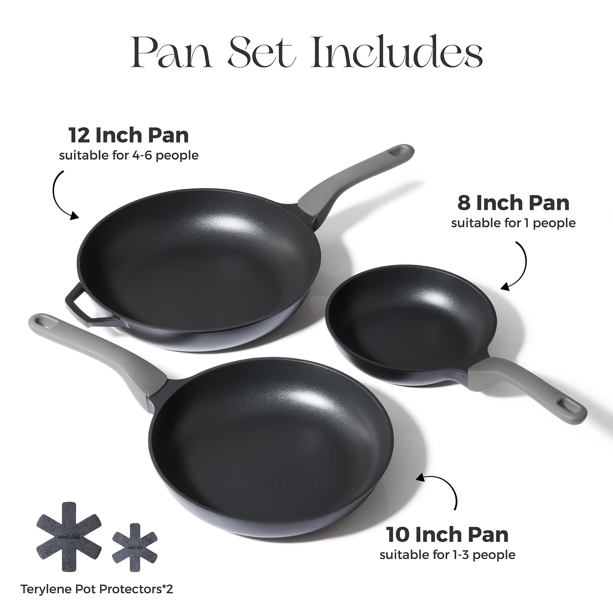 PRICUSIS 5Pcs Nonstick Frying Pan Set, 8+10+12 Inch Induction Compatible Skillet with Stay Cool Handle, Fully Coated, 100% Dishwasher Safe, PFOA Free (Black Sesame)