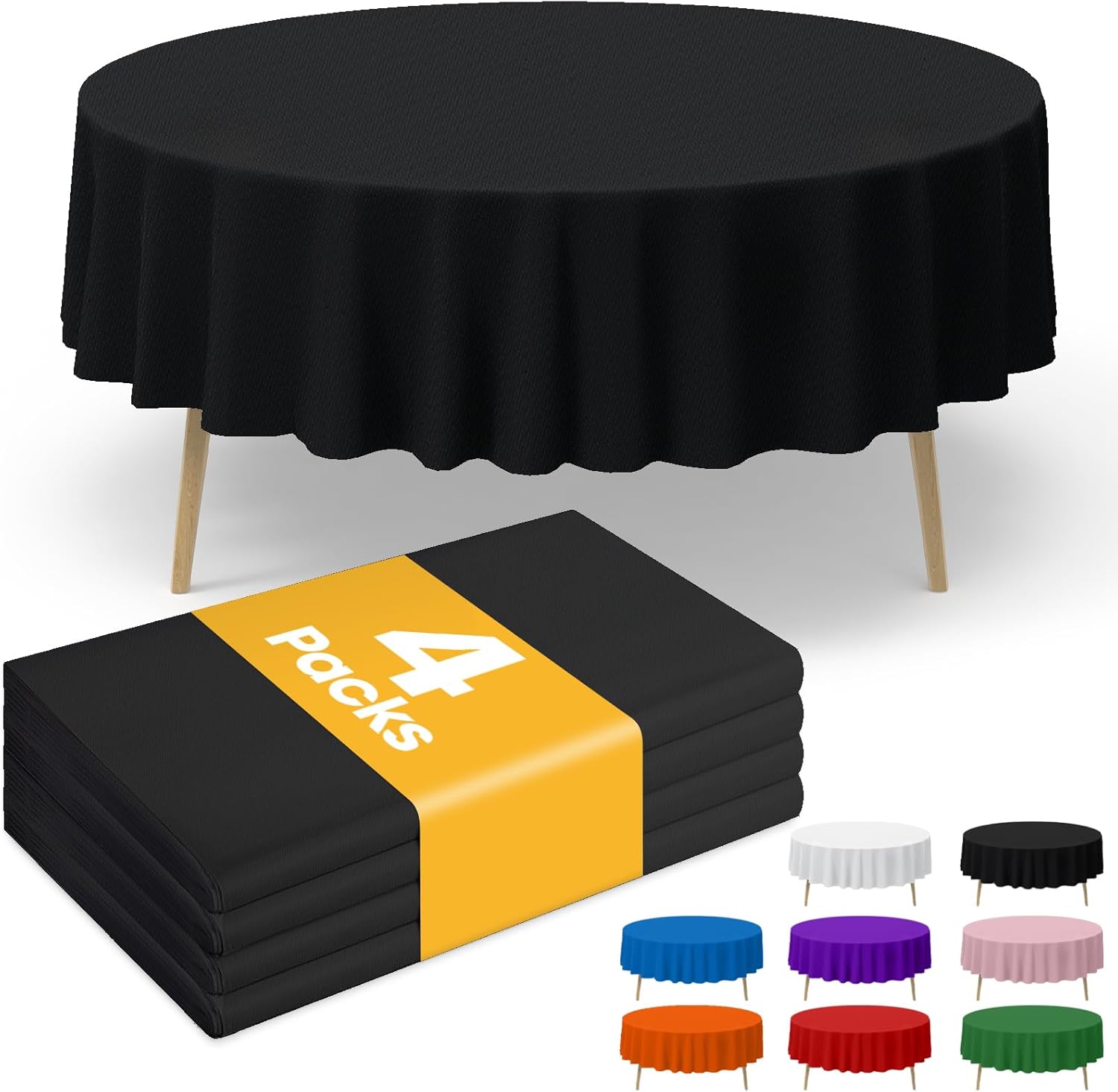 Niuara Black Plastic Table Cloth - 84" Round Disposable Table Covers for Holiday Parties | 4 Pack