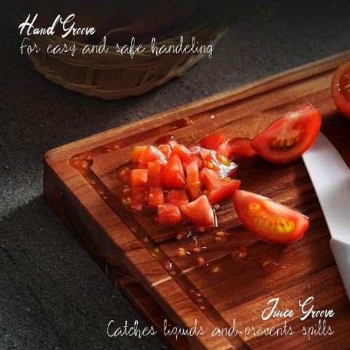 XL Acacia Wood Cutting Board (20x15x1.5in) and Wooden Butcher Block, Chopping Board-Reversible Multipurpose For Meat, Cheese Board, Vegetables, Bread with Juice Groove, Cracker Holder & Inner Handles