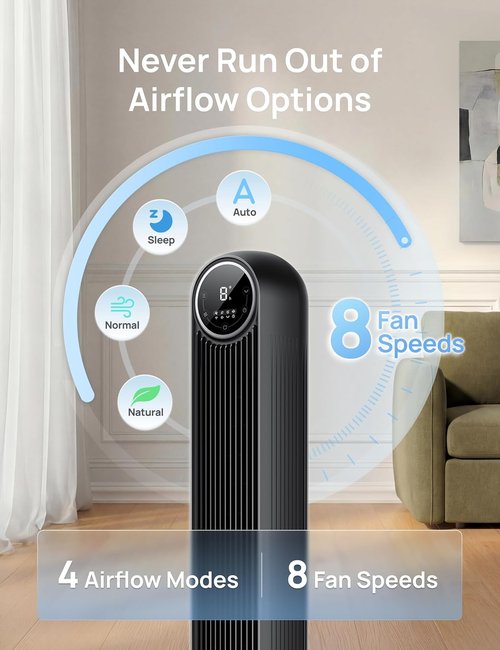 DREO Tower Fan - Ultra Quiet Bladeless Design with 8 Speeds & 90° Oscillation | High Velocity 28ft/s, Black