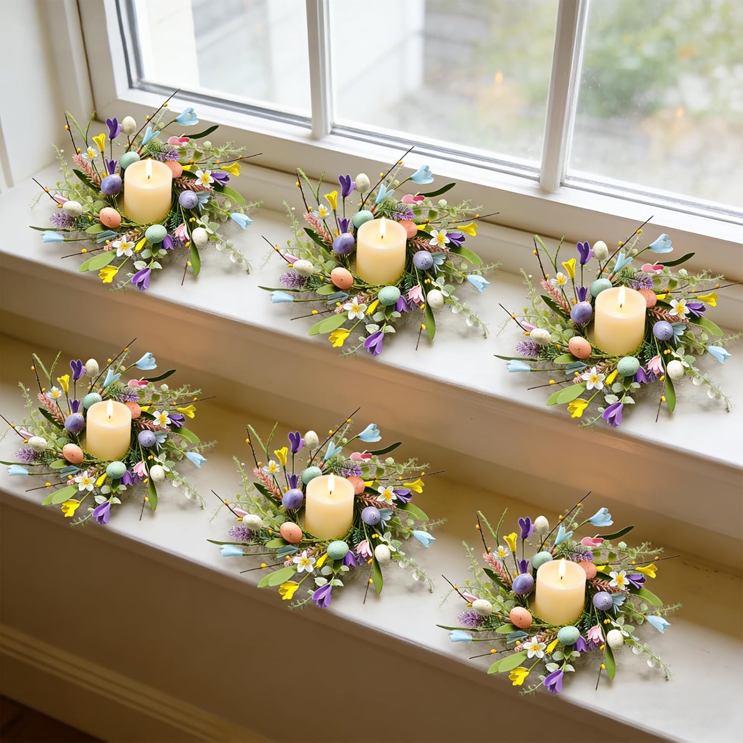 Skiennix Easter Candle Rings - 6 Pcs Mini Pillar Holders with Eggs & Flowers | Spring Yellow Berries Decor