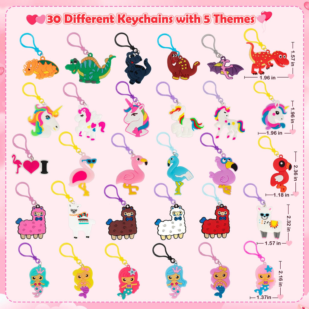Gloween 30 Pack Valentines Day Cards for Kids, Cute Dinosaur Flamingo Mermaid Llama Unicorn Keychains, Great Classroom/Class Exchange Prizes Valentine Party Favors Gifts for Boys Girls