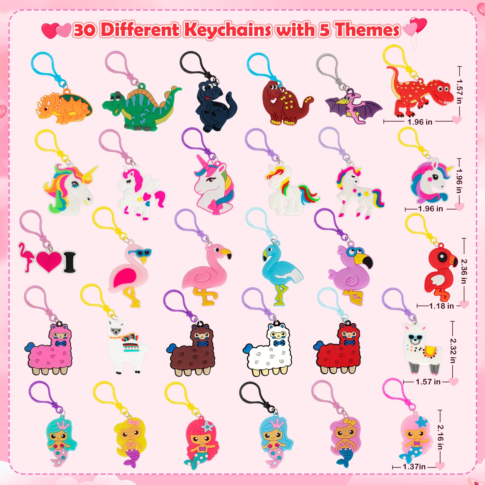 Gloween 30 Pack Valentines Day Cards for Kids, Cute Dinosaur Flamingo Mermaid Llama Unicorn Keychains, Great Classroom/Class Exchange Prizes Valentine Party Favors Gifts for Boys Girls