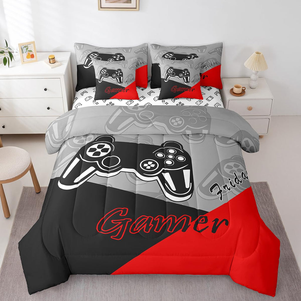 Feelyou Gamer Comforter Set with Sheets for Boys Teens Gaming 7 Piece Bedding Set Queen Size Video Game Contoller Home Bed in a Bag Decor for Kids Bed Set