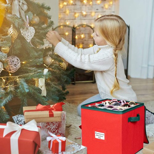HOLDN’ STORAGE Christmas Ornament Storage Box - Adjustable Compartment for 64 Ornaments | Red 3” x 3”