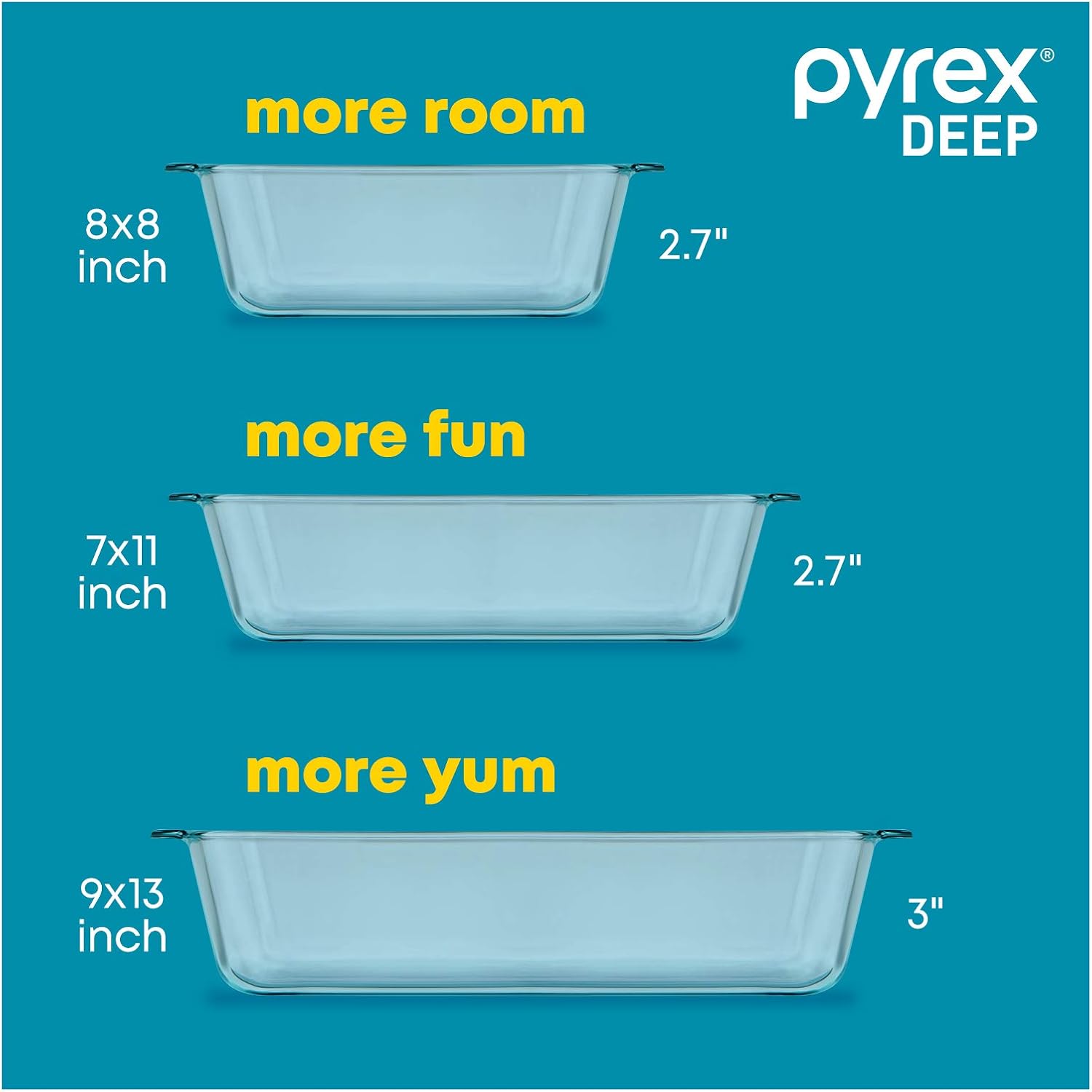 Pyrex Glass Baking Dish Set - Deep 3-Pack with BPA-Free Lids | Rectangular Bakeware (9"x13", 7"x11", 8"x8")