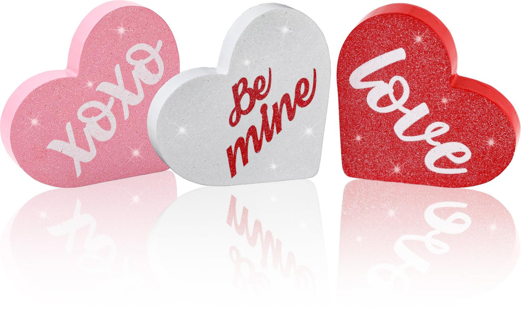 PETKNOWS Valentine's Day Wooden Heart Decor Set, Wooden Sign Set for Indoor Tabletop Decoration, Rustic Table Centerpiece for Home, Kitchen, Mantel Desk