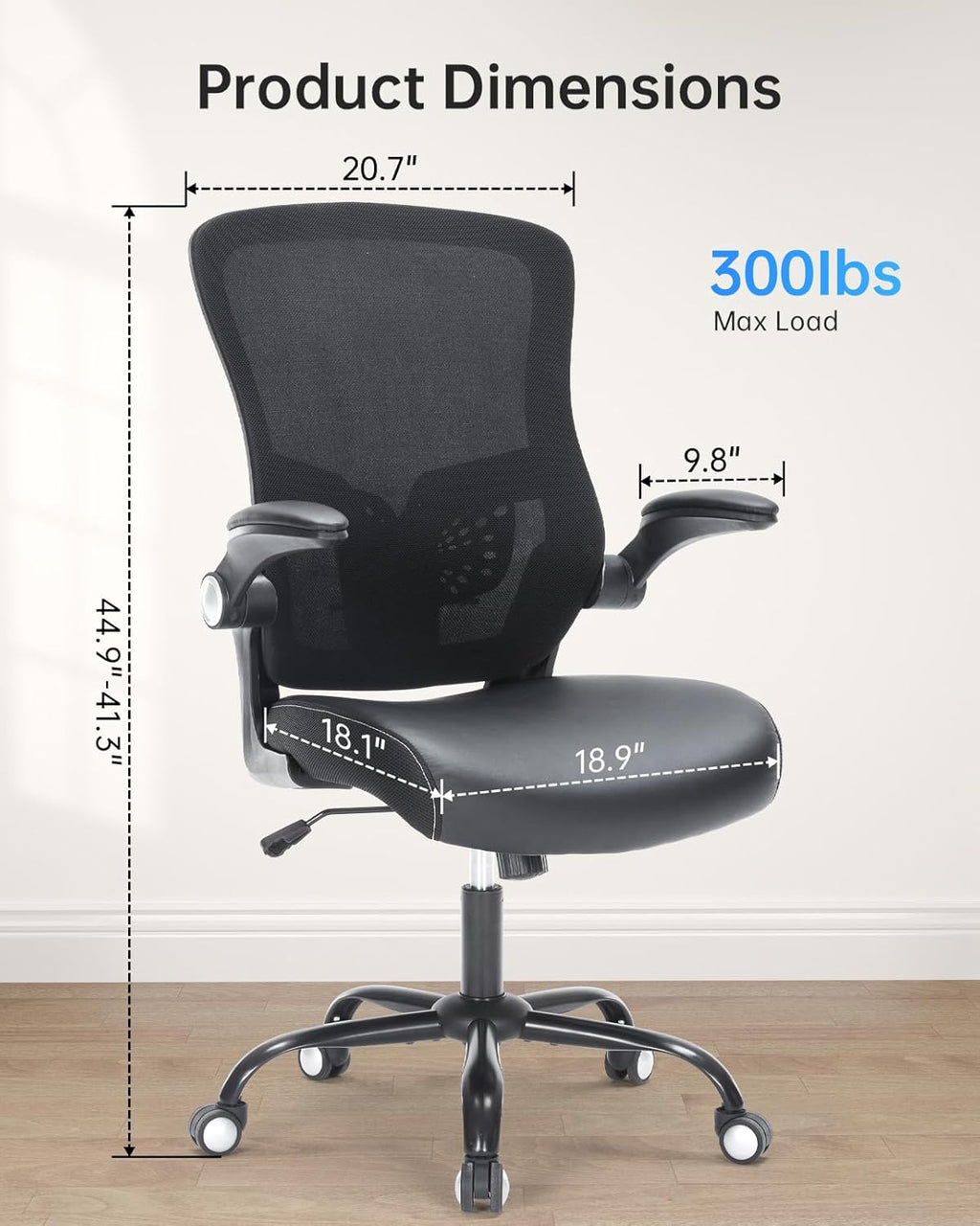 Skiennix Ergonomic Office Chair - Mesh Back, Adjustable Height, Flip-Up Arms, Black Leather Seat