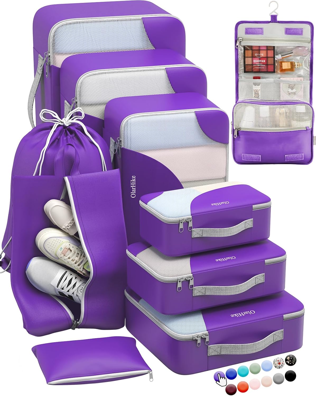 OlarHike Packing Cubes Set - Durable Travel Organizers with Anti-Tear Stitching | 10-Piece Purple Set