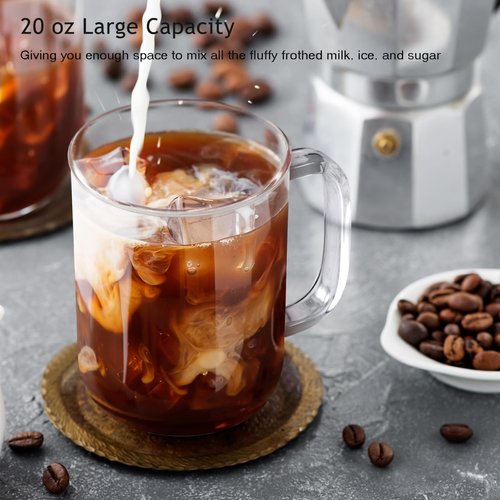 BWODYAY Glass Coffee Mugs, 20 oz Ice Coffee Cups Set of 6, Large Clear Tea Cups, Glass Mugs with Handles for Hot Beverages, Glass Cups for Latte, Cappuccino, and Tea