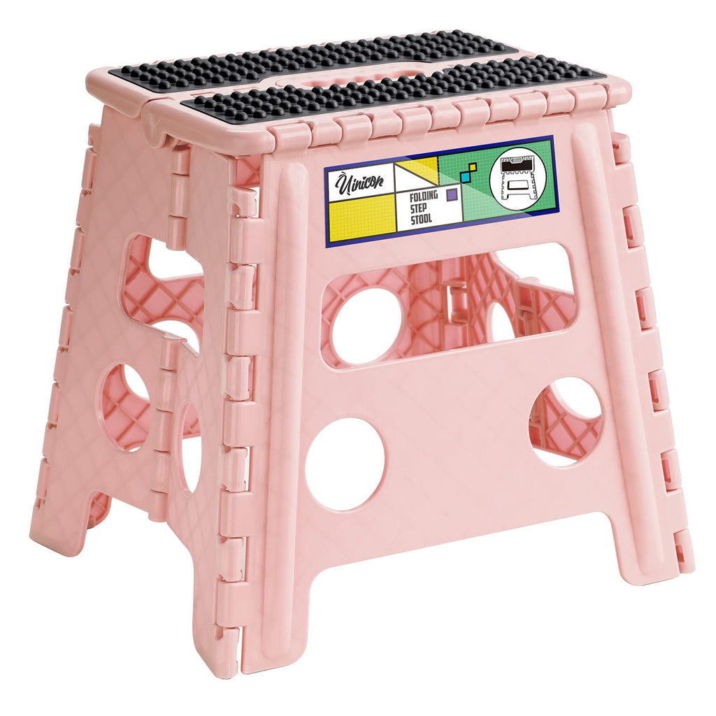 Uinicor 13" Folding Step Stool for Adults and Kids Holds Up to 300 lbs,Non-Slip Folding Stools with Handle, Compact Plastic Foldable Step Stool for Bathroom,Bedroom, Kitchen,Sakura Pink 1pc