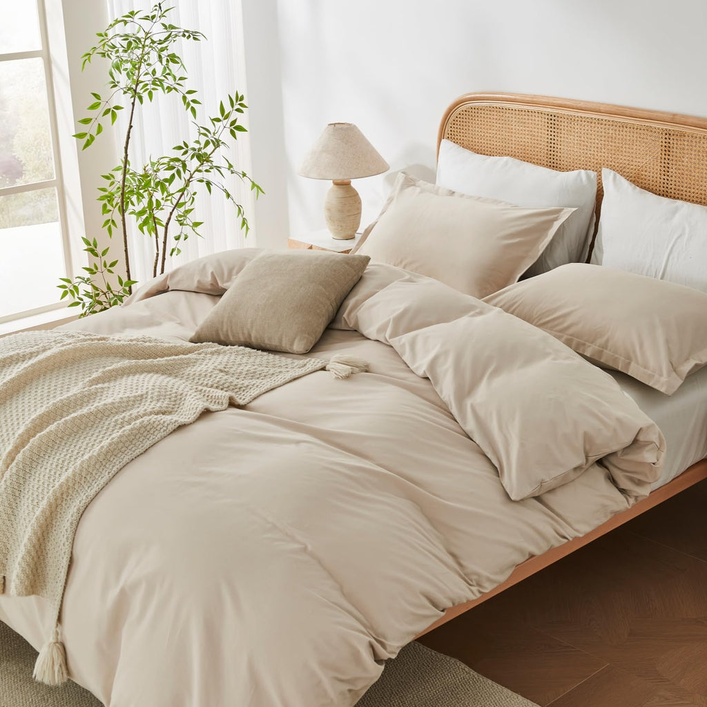OAITE 100% Washed Cotton Duvet Cover Queen Size Soft Breathable Durable Bedding with Zipper Closure & 8 Corner Ties- 3 Pieces Plain Simple Duvet Cover Set,2 Pillow Shams,1 Duvet Cover(90"x90")