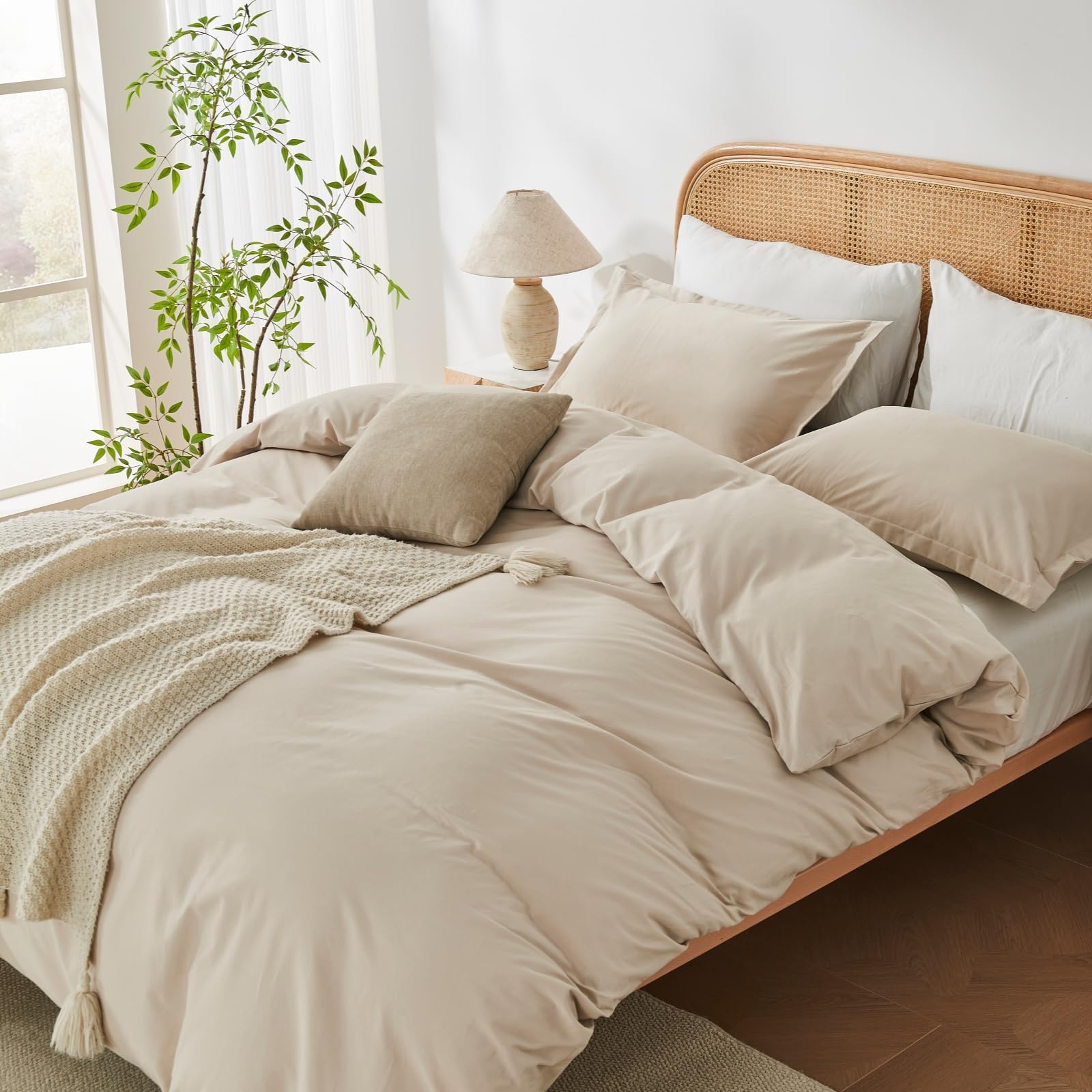 OAITE 100% Washed Cotton Duvet Cover Queen Size Soft Breathable Durable Bedding with Zipper Closure & 8 Corner Ties- 3 Pieces Plain Simple Duvet Cover Set,2 Pillow Shams,1 Duvet Cover(90"x90")