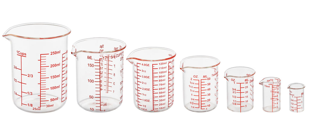 Ackers 7-Piece Glass Measuring Cup Set, Borosilicate Beaker Style Nesting Liquid Measuring Cups