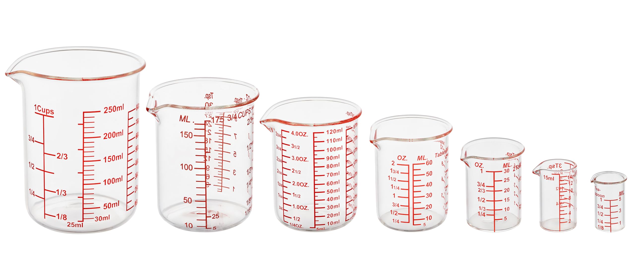 Ackers 7-Piece Glass Measuring Cup Set, Borosilicate Beaker Style Nesting Liquid Measuring Cups