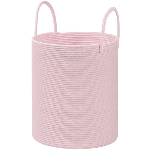 HOBASKET Cotton Rope Storage Basket with Handles, Pink, Large Capacity Laundry Hamper and Laundry Basket for Clothes, 15x18 Inches, Nursery Organizer
