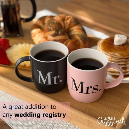 Triple Gifffted Mr and Mrs Coffee Mugs Couples Gifts Ideas for Wedding Anniversary Engagement Valentines Christmas His Hers Present Husband Wife Him Her Men Women, Bride Groom Newlyweds, Ceramic 13Oz