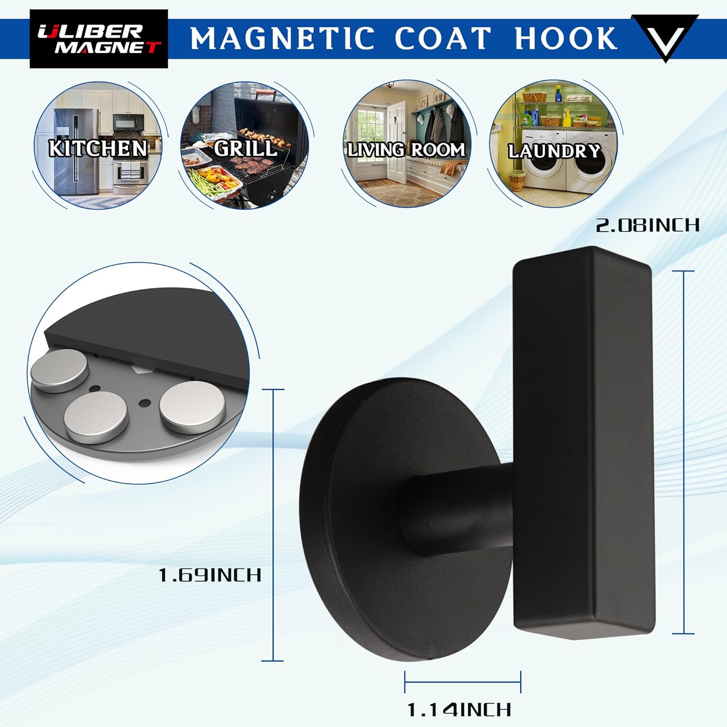 ULIBERMAGNET Heavy-Duty Magnetic Double Hooks - Sturdy Coat Hangers in Brushed Nickel | 2 Pack